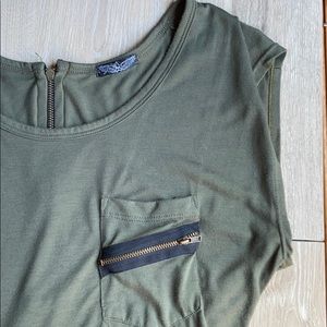 Army green top with zipper details